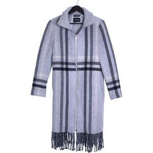 CLUB MONACO Jordynne Fringed Long Line Coat Italian Wool Grey Plaid Women's XS